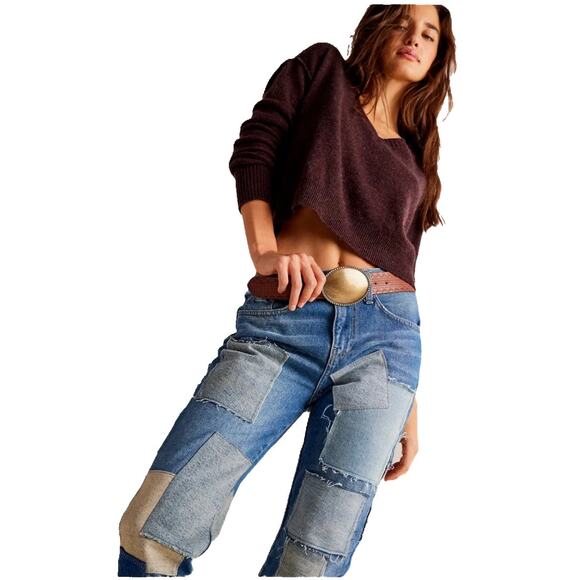New FREE PEOPLE We The Free Bare With Me Jeans $298 SIZE 25 PATCHWORK DENIM - Picture 3 of 6